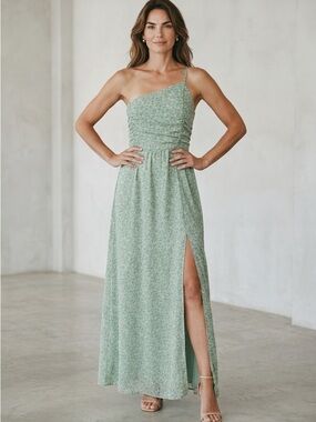 Promesa One-Shoulder Sage Green Maxi Dress with Slit